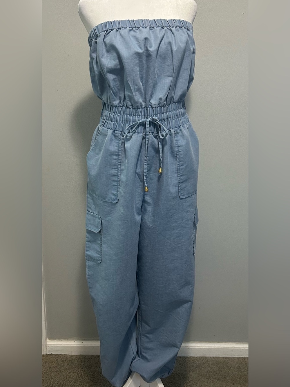 Light Blue Strapless Cargo Jumpsuit with Drawstring Waist